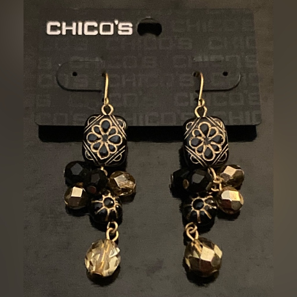 CHICO’S Signed Dangling Black & Gold Floral Bead Earrings NWT